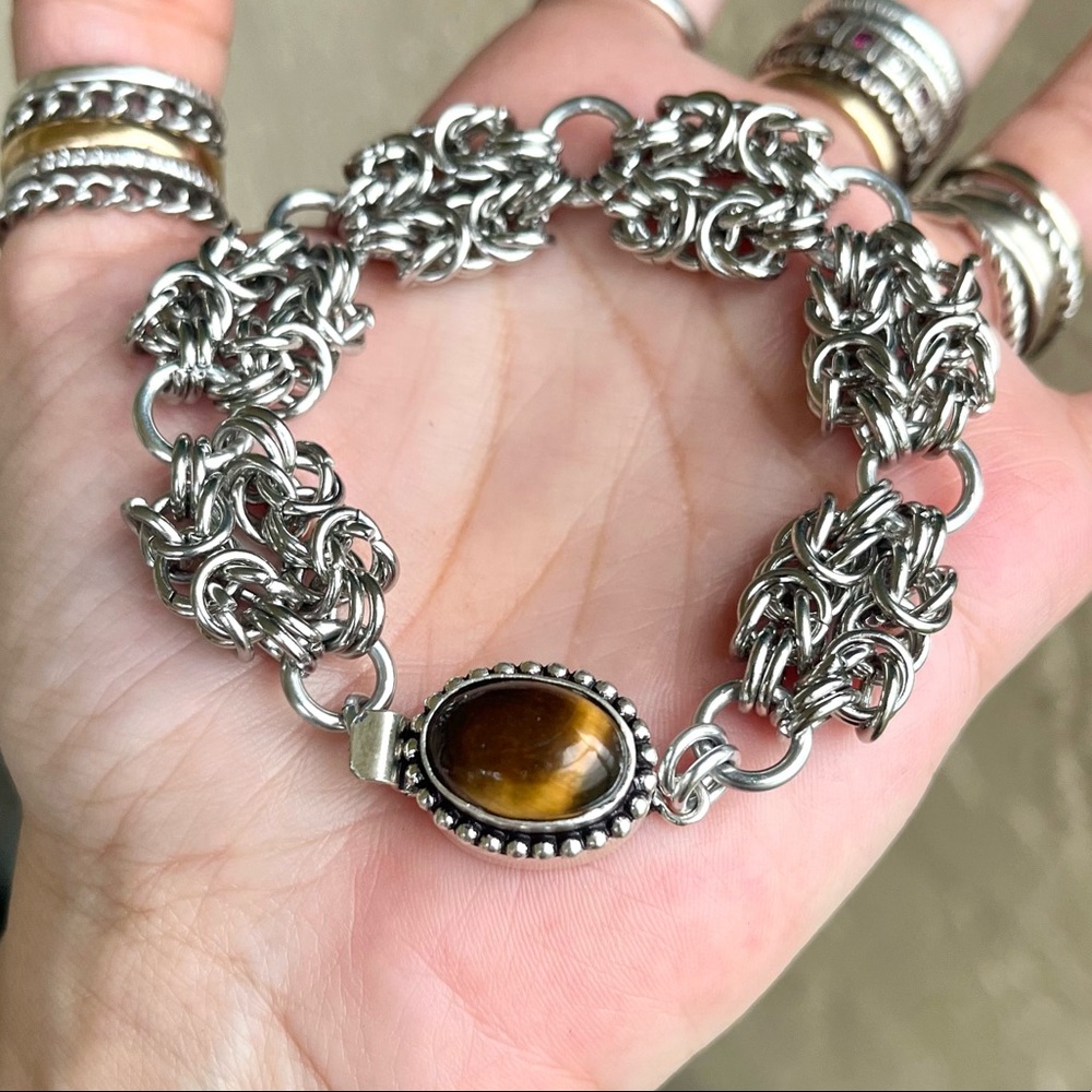 Maille stainless steel tiger eye bracelet . Handmade chain link - Picture 3 of 16